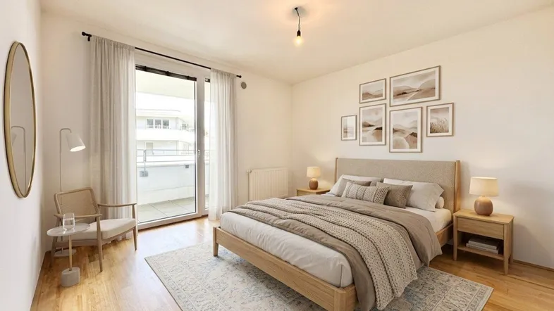 Helles Schlafzimmer mit Holzboden, Zugang zum Balkon und moderner Einrichtung.