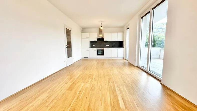 Heller, offener Wohnbereich mit integrierter Küche, Parkettboden und Zugang zur Terrasse.