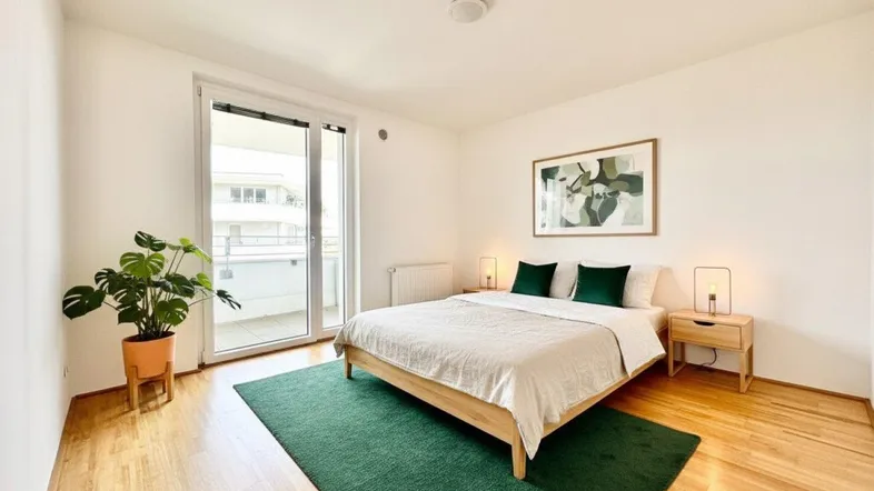 Helles Schlafzimmer mit Holzboden, modernem Bett und Zugang zu einem Balkon.