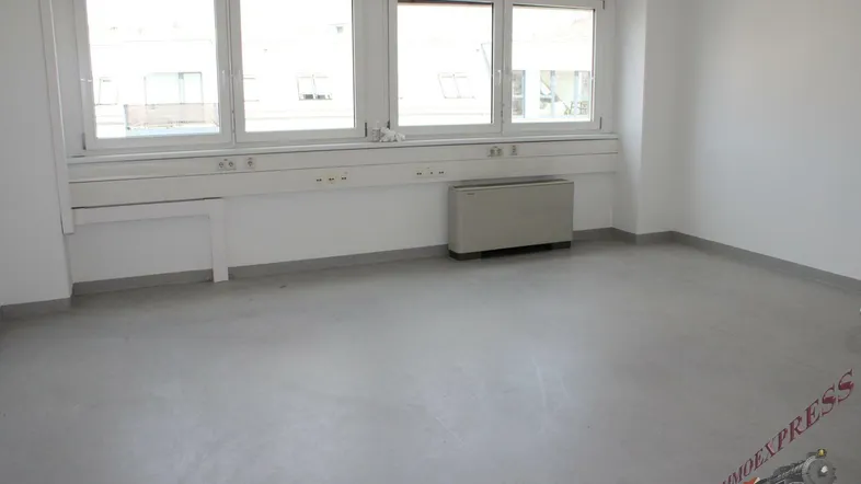Geräumiger, heller Raum mit großen Fenstern, die viel Tageslicht hereinlassen, und einem modernen grauen Bodenbelag sowie einer Wandinstallation.