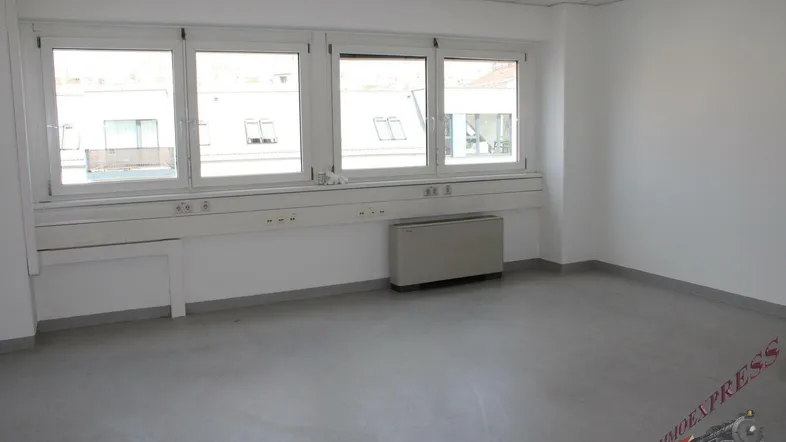 Heller, leerer Raum mit großen Fenstern, weißen Wänden und grauem Vinylboden, ideal als Bürofläche.