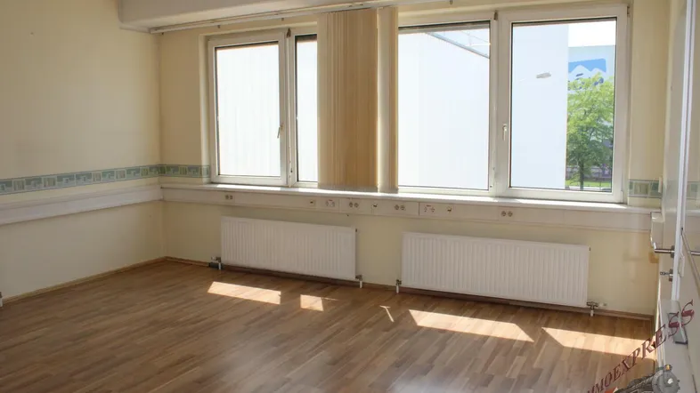 Heller, leerer Raum mit Laminatboden, großen Fenstern und Heizkörpern, ideal als Büro oder Wohnraum.