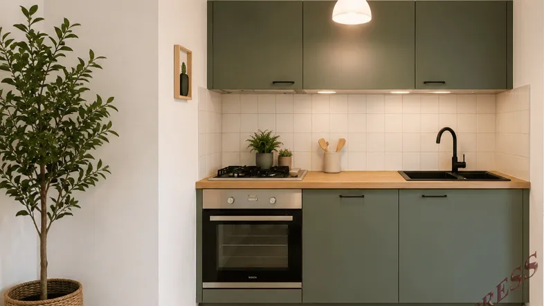 Moderne Küche mit grünen Schränken, Holzarbeitsplatte und integrierten Geräten für eine funktionale Kochumgebung.