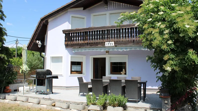 Gemütliche Terrasse mit Grillplatz und Essbereich, ideal für sommerliche Abende im Freien.