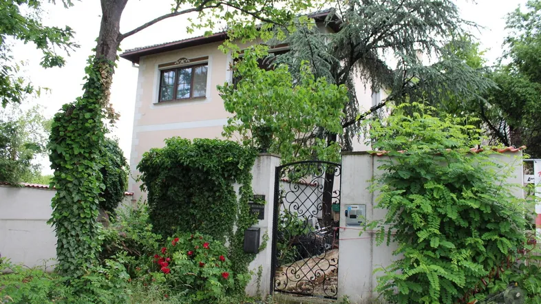 Vorderansicht des Hauses mit bewachsenem Eingangstor und üppiger Vegetation.