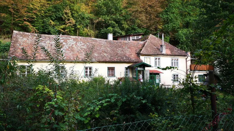Traditionelles Landhaus mit Ziegeldach, eingebettet in eine grüne, bewaldete Hügellandschaft.