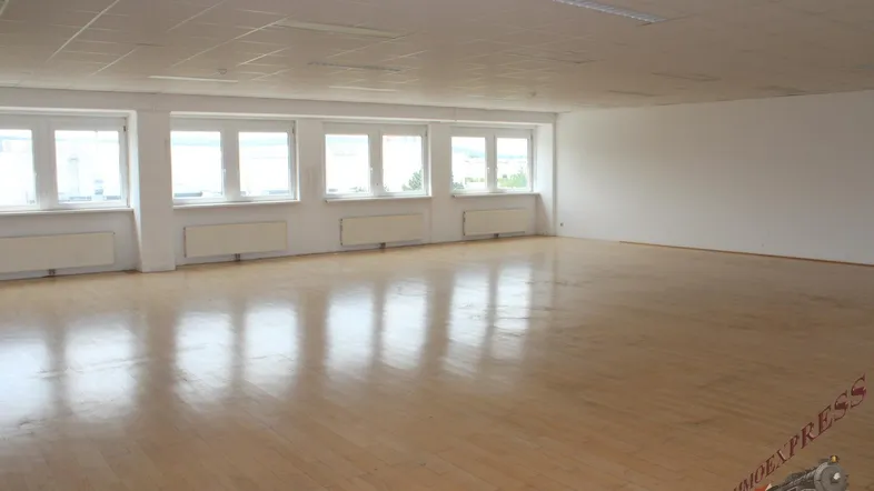 Großer, leerer Raum mit hellem Holzfußboden, vielen Fenstern und abgehängter Decke, ideal für gewerbliche Nutzung.