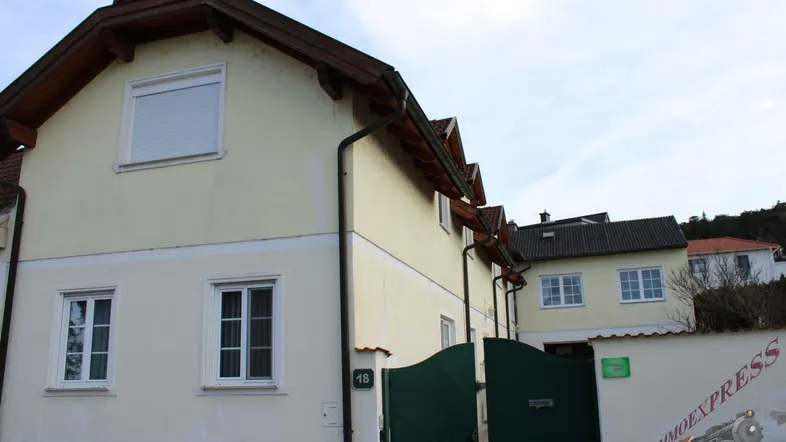 Ansicht der Hausfassade mit mehreren Fenstern und einem grünen Tor.