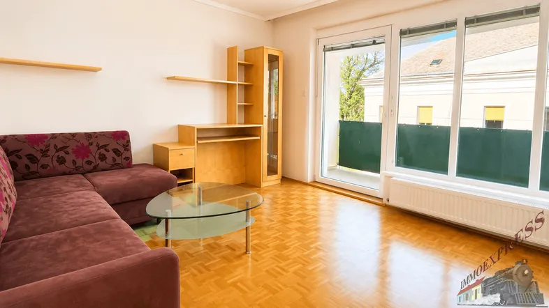 Helles Wohnzimmer mit Parkettboden, gemütlichem Sofa und Zugang zum Balkon.
