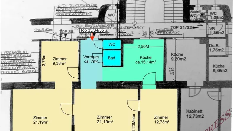 Detaillierter Grundriss der Wohnung mit Zimmeraufteilung und Flächenangaben.