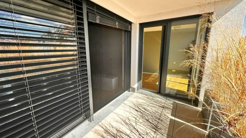 Heller Balkon mit Fliesenboden, modernen Jalousien und dekorativen Pflanzen.