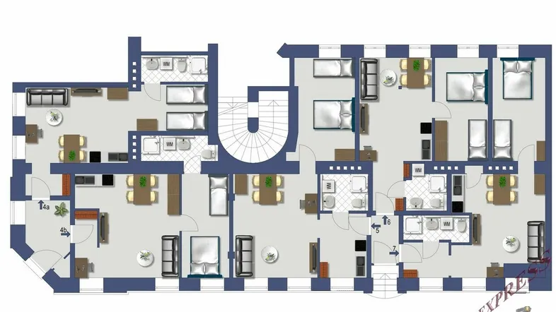 Detaillierter Grundrissplan mit mehreren Wohneinheiten, Schlafzimmern, Bädern und Küchenbereichen.