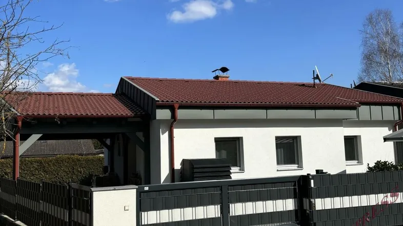 Frontansicht des Hauses mit moderner Zaunanlage, Carport und gepflegtem Eingangsbereich.
