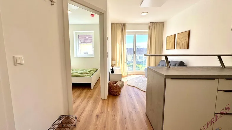 Heller Eingangsbereich mit Holzboden, der in ein Schlafzimmer und den offenen Wohnbereich mit Balkonzugang führt.