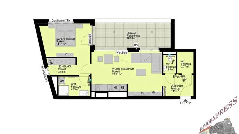 Detaillierter Grundriss der Wohnung mit Schlafzimmer, Wohn-Essbereich, Bad und Loggia.
