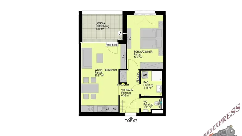 Detaillierter Grundriss mit Wohn-Essbereich, Schlafzimmer, Bad und Loggia.