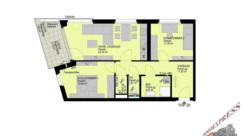 Grundriss einer modernen Wohnung mit zwei Schlafzimmern, offenem Wohn-Essbereich und Loggia.