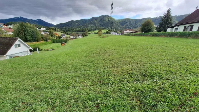 Weitläufige grüne Wiese mit Blick auf die umliegende Berglandschaft und vereinzelte Häuser.
