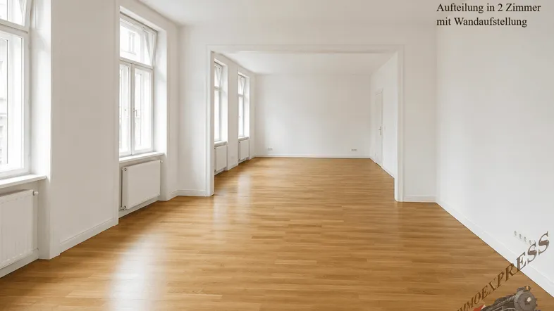 Heller, leerer Raum mit Holzfußboden und hohen Decken, ideal zur flexiblen Gestaltung.