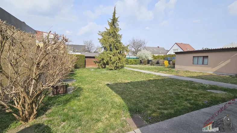 Großer Gartenbereich mit Rasenfläche, Nadelbaum und einem kleinen Holzschuppen im Hintergrund.