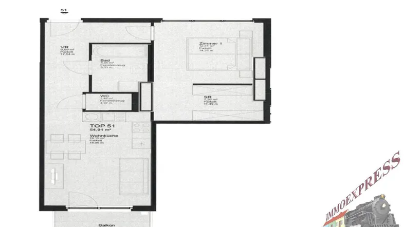 Grundriss einer Wohnung mit einem Schlafzimmer, offener Wohnküche, Bad, separatem WC und Balkon.