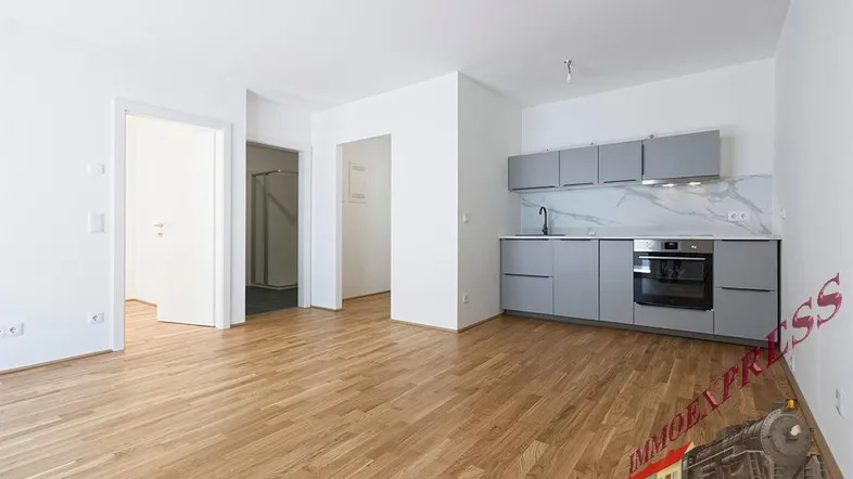 Heller Wohn-Essbereich mit moderner Küchenzeile, Parkettboden und Zugang zu weiteren Räumen.