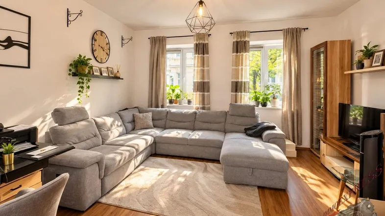 Helles Wohnzimmer mit großem Ecksofa, Holzfußboden und viel Tageslicht durch die Fenster.