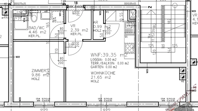 Detaillierter Grundriss einer Wohnung mit Bad, Zimmer und offener Wohnküche.