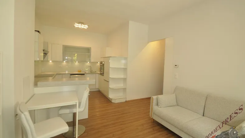 Helles, offenes Wohnzimmer mit integrierter Küche und Essbereich, ideal für modernes Wohnen.