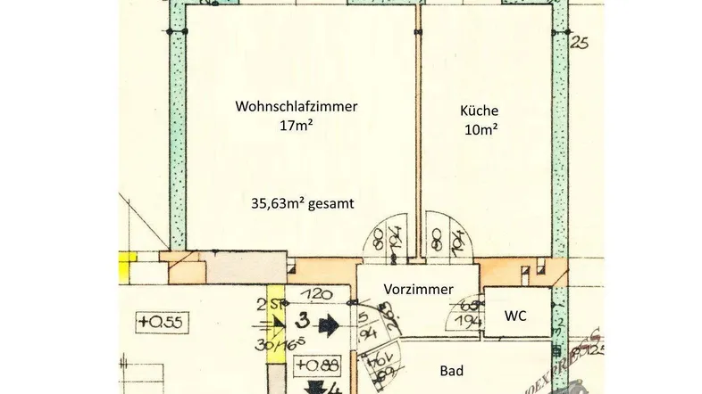Grundrissplan zeigt ein Wohnschlafzimmer, Küche, Vorzimmer, WC und Bad auf 35,63m².