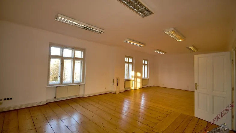 Geräumiger, heller Raum mit Holzdielenboden, hohen Decken und mehreren Fenstern.