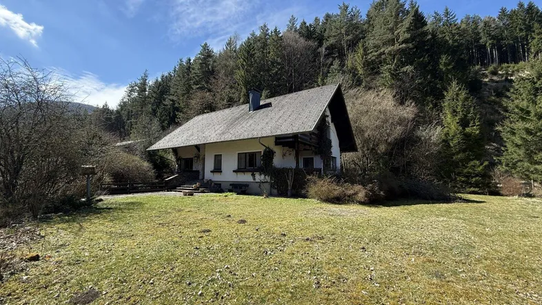 Ländliches Einfamilienhaus mit Satteldach und großem Garten, umgeben von Wald und Natur.