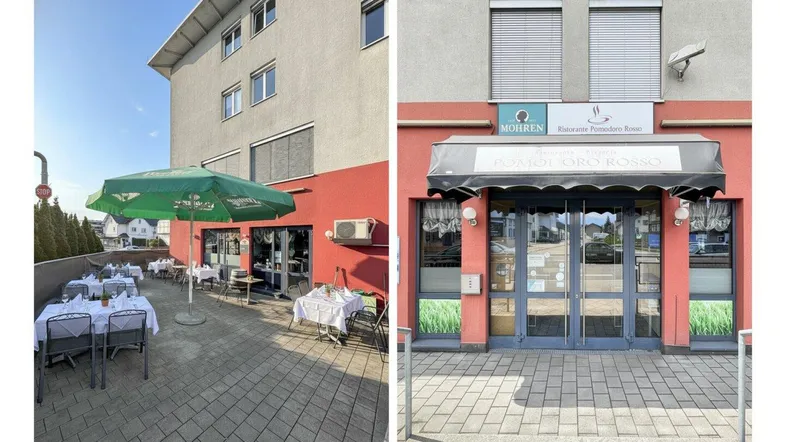 Außenansicht des Restaurants mit einladender Terrasse und Sonnenschirmen, bereit für Gäste.