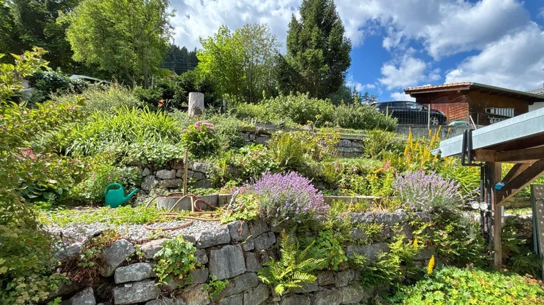 Gestufter Garten mit Steinmauern und vielfältiger Bepflanzung, umgeben von alpiner Landschaft.
