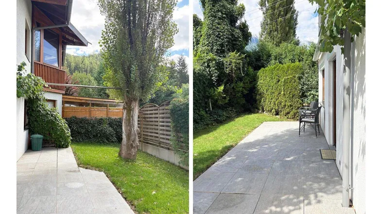 Gepflasterte Terrasse mit Rasenfläche und üppiger Bepflanzung im Außenbereich des Hauses.