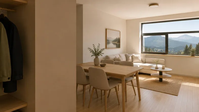 Heller Wohn- und Essbereich mit Holzboden, modernen Möbeln und Bergblick durch große Fenster.