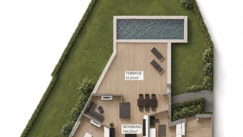 Detaillierter Grundriss einer Wohnung mit offener Raumaufteilung, großer Terrasse und privatem Garten mit Pool.