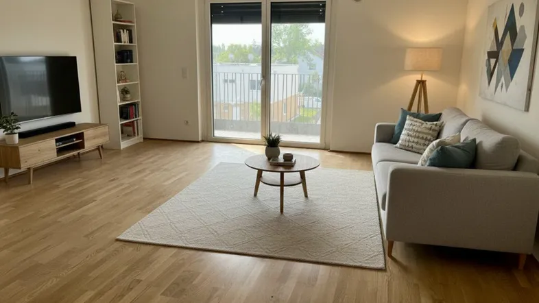 Helles Wohnzimmer mit Parkettboden, moderner Einrichtung und Zugang zum Balkon.