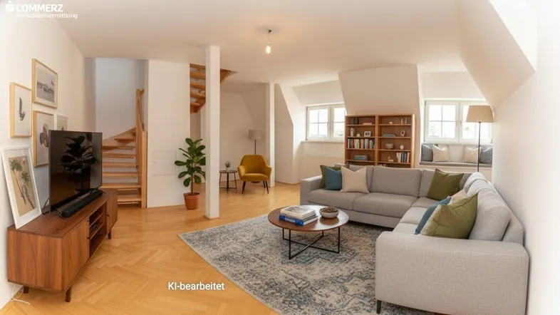 Helles Wohnzimmer mit gemütlichem Sofa, Fernseher und Holztreppe, unter einem Dachschrägenbereich.