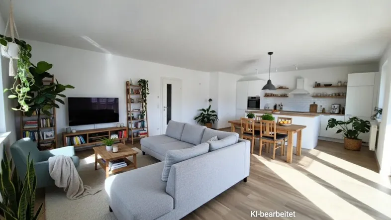 Heller, offener Wohn-Essbereich mit integrierter Küche, modernem Design und Holzboden.
