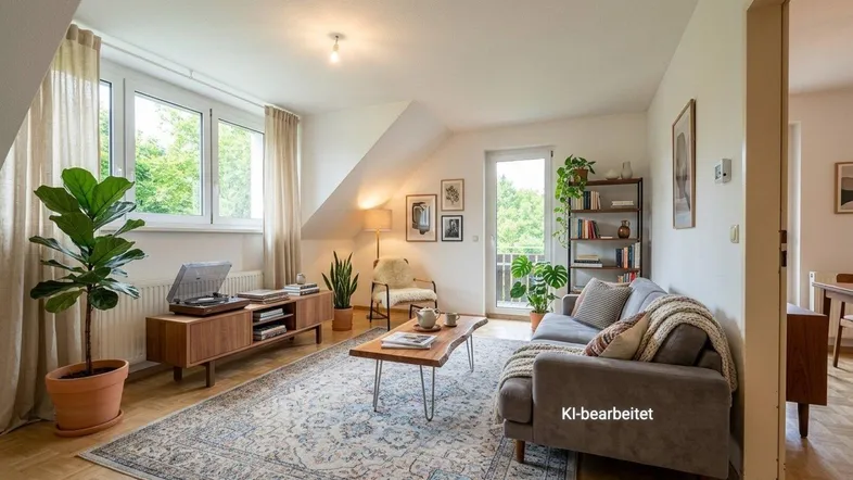 Helles Wohnzimmer mit Holzboden, gemütlichem Sofa und Zugang zu einem kleinen Balkon.