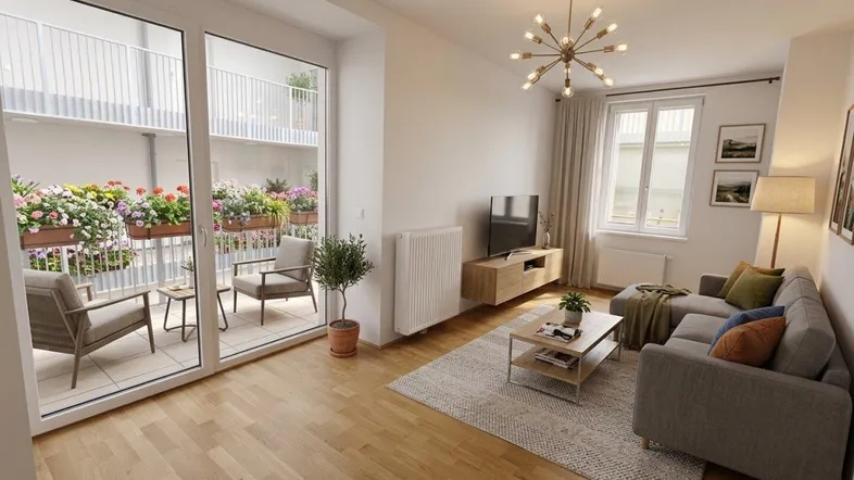 Helles, modern eingerichtetes Wohnzimmer mit Holzboden und Zugang zu einem blühenden Balkon.