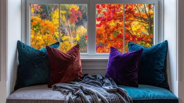 Gemütlicher Fensterplatz mit bunten Kissen und Decke, bietet einen schönen Blick auf herbstliche Bäume.
