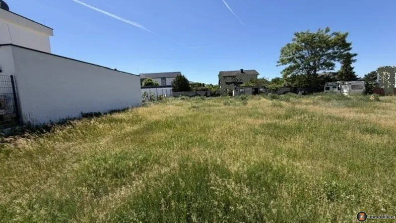 Großes, sonniges Grundstück mit hohem Gras und angrenzenden Gebäuden unter blauem Himmel.