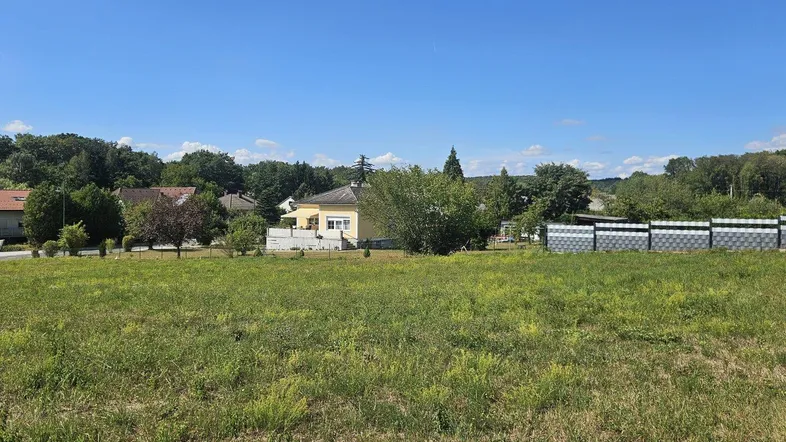 Weitläufiges grünes Grundstück mit Blick auf umliegende Häuser und Natur unter blauem Himmel.