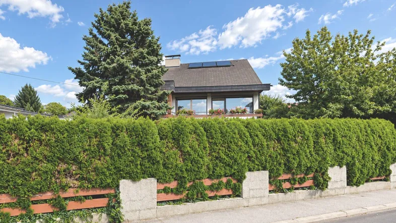 Einfamilienhaus mit gepflegter Hecke, Photovoltaikanlage auf dem Dach und blauem Himmel.