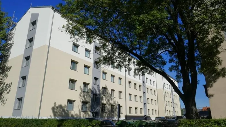 Mehrfamilienhaus mit frisch gestrichener Fassade in hellen Farben und umgebendem Grün.