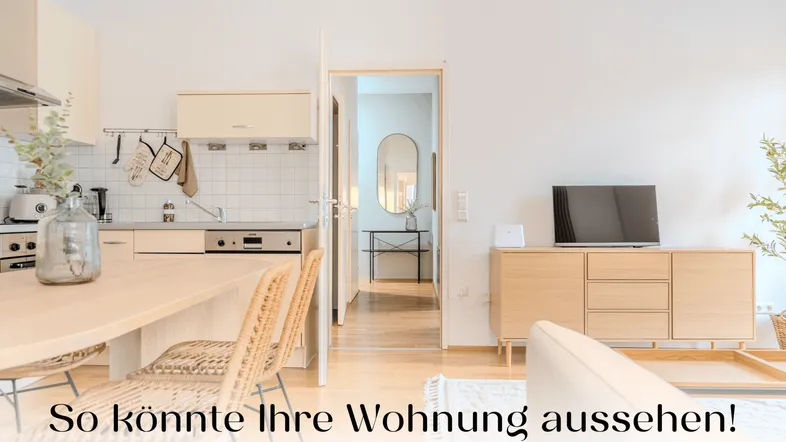 Helle offene Wohnküche mit Essbereich und modernem Sideboard, die zum Verweilen einlädt.