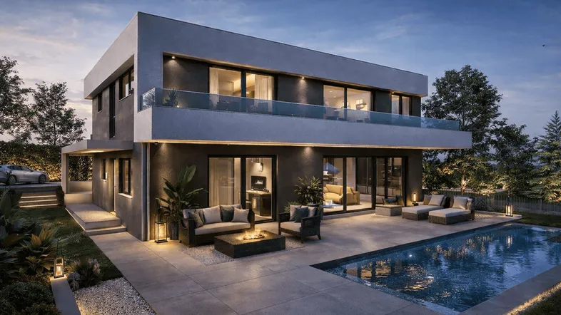 Moderne Villa mit großem Pool, stilvoller Terrasse und luxuriöser Außengestaltung bei Sonnenuntergang.