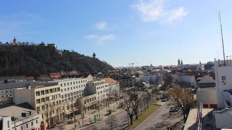 Panoramablick über die Stadt mit historischen Gebäuden und einem Berg im Hintergrund unter blauem Himmel.